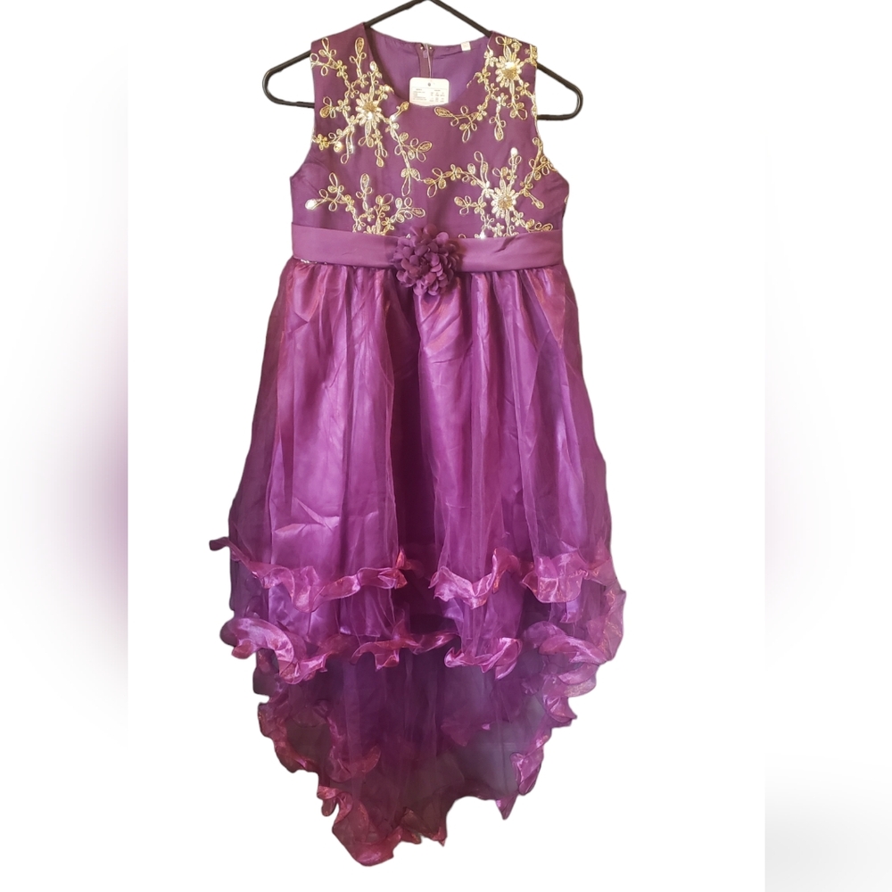 Girls Purple Floral-Embroidered High-Low Formal Dress